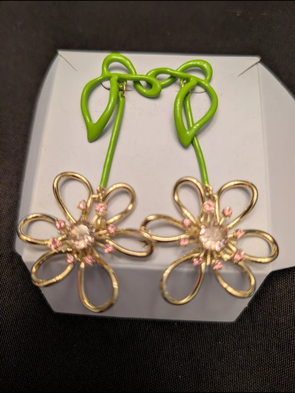 Gold & Lime Green Flower Drop Earrings with Pink Crystals
